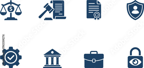 Legal compliance and business law vector icons, Corporate governance and security regulation blue graphics, Professional ethics and financial justice pictograms
