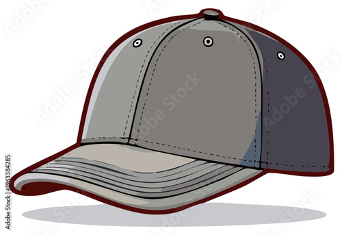 Gray baseball cap vector illustration with brim and stitching details