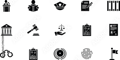 Legal system and justice vector icon set, Law enforcement and courtroom silhouette graphics, Judiciary and criminal investigation black pictograms
