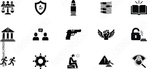 Legal and criminal justice vector icon set, Law enforcement and judicial proceedings silhouette graphics, Security investigation and authority symbols pictograms
