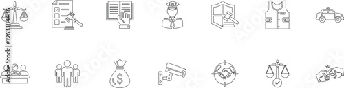Legal justice and law enforcement outline icon set, Judiciary and crime prevention linear graphics, Professional security and court procedure line pictograms, Editable stroke.
