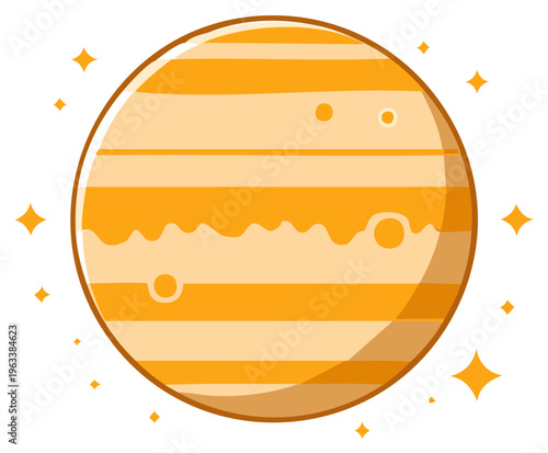 Jupiter Cartoon Illustration, Orange Stripes, Space Concept with Stars, Decorative Celestial Body, Cosmic Iconography, Universe