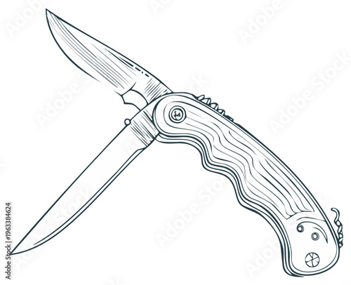 Detailed vector illustration of a folding pocket knife with wooden handle
