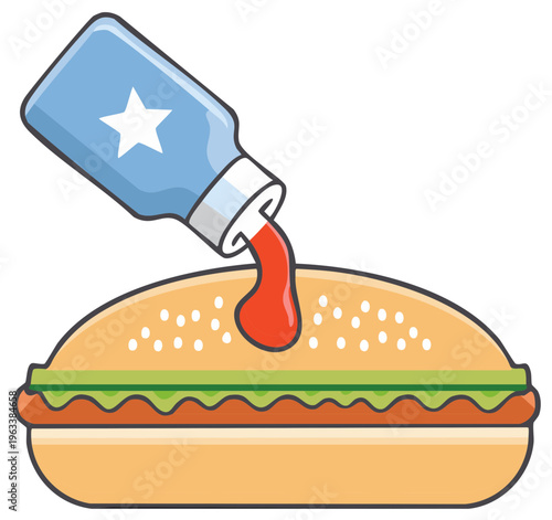 Classic hot dog with ketchup pouring from a blue bottle featuring a white star illustration