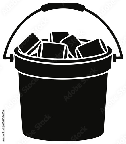 Black silhouette of a metal bucket filled with ice cubes for cooling drinks