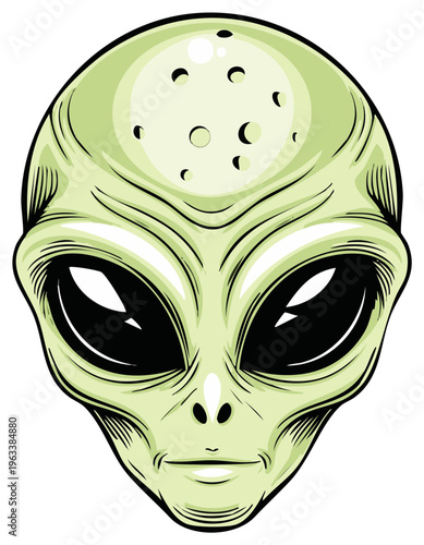 Alien Face Cartoon Illustration with Large Black Eyes and Green Skin