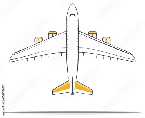 Simple Commercial Airliner in Flight Top View Cartoon Illustration