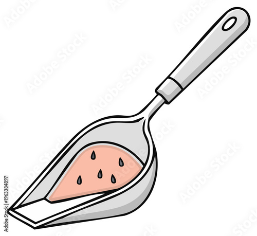 Cartoon illustration of a silver kitchen scoop with a slice of watermelon and seeds.