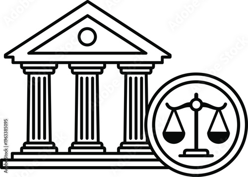 Courthouse with scales of justice emblem, black-and-white vector illustration symbolizing law, fairness, and judicial system