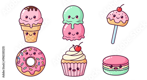 Colorful illustrations of sweet treats on a white background including ice cream and donuts.