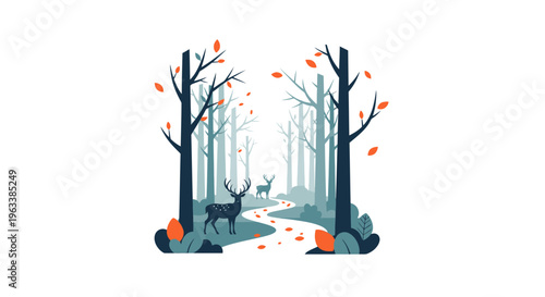 Deer stand on a winding forest path surrounded by bare trees and orange leaves.