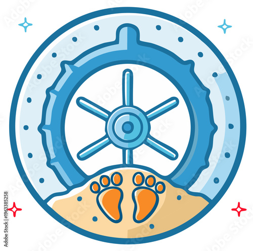 Cartoon ship's wheel with sand and footprints, blue nautical illustration