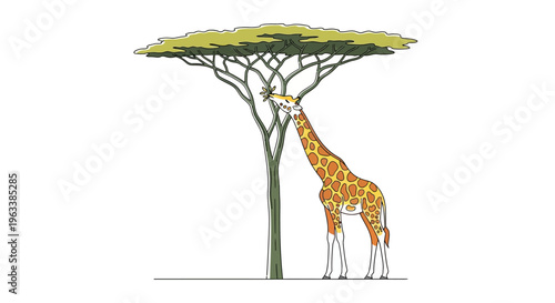 A giraffe eats leaves from a tall tree in savannah landscape illustration.