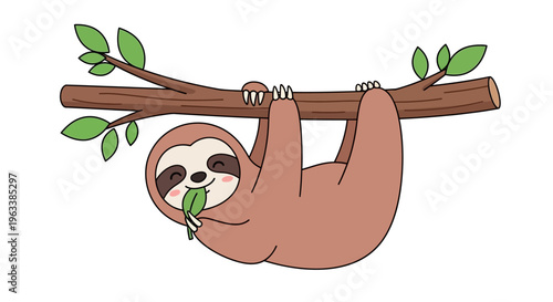 A cartoon sloth hangs upside down on a tree branch eating a leaf peacefully.