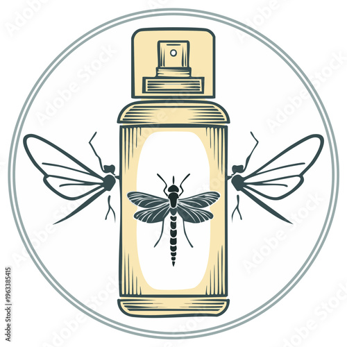 Mosquito repellent spray bottle with insects flying around illustration