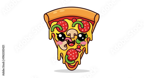 A cartoon slice of pizza with melted cheese and toppings looks happy on white background.