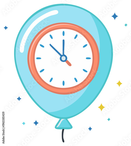 Cartoon Time Balloon with Clock Face Surrounded by Sparkling Stars Celebrating Party Time