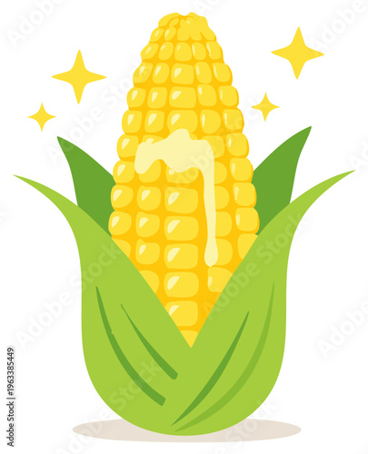 Corn on the Cob with Melting Butter Illustration, Green Husk and Sparkle Details, Sweet Corn Graphic, Fresh Corn Image