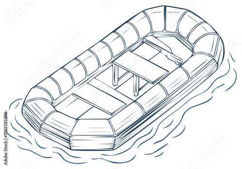 Illustration of an inflatable raft boat on water, with paddle and center support seat. Line art for outdoor recreation concept.