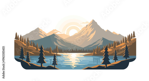 Sunrise over serene mountain lake with trees and reflection