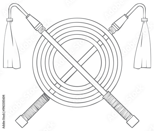 Outline Icon of crossed parade staffs and coiled hose, symbol of fire department, firefighter honor guard