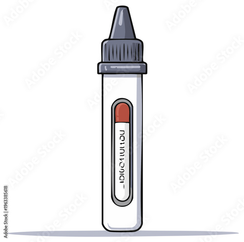 Cartoon illustration of an eye drop bottle with a closed cap showing its medicine level