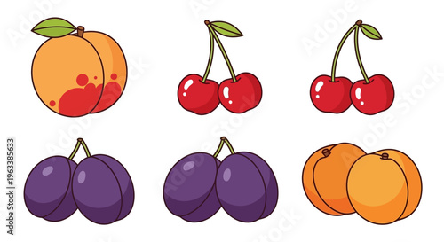 Colorful illustration of various fruits including peaches, cherries, and plums on white background.