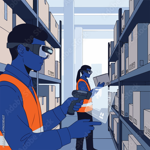 Warehouse workers using augmented reality glasses and scanners for efficient inventory management and logistics