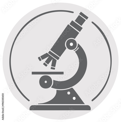 Microscope icon graphic, science and medical instrument inside circle, grey scale