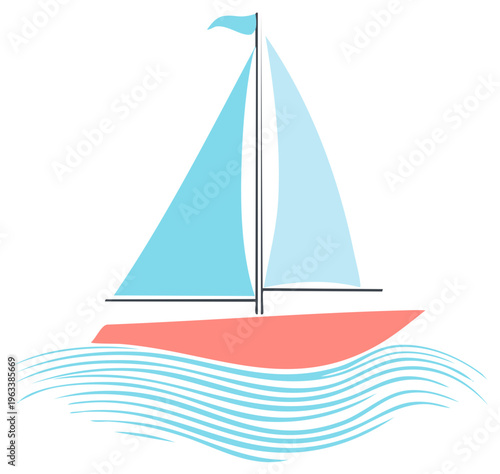 Stylized sailboat glides across blue waves with light blue sails and a coral hull