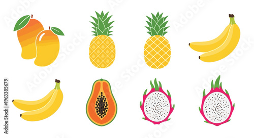 Vibrant illustrations of tropical fruits on white background including pineapple and banana