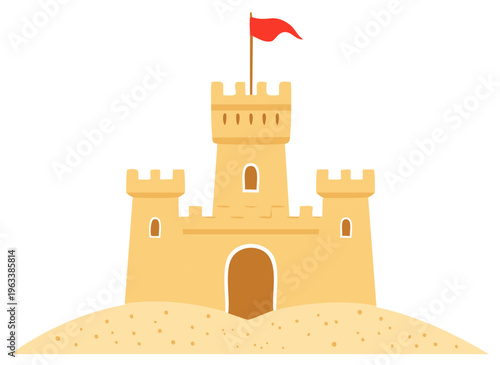 A detailed, flat illustration of a sandcastle with a red flag flying on top of the tallest tower
