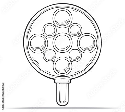 Hand mirror sketch with round reflections, simple black and white contour drawing style, vanity object for makeup and beauty