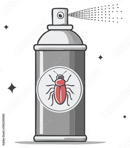 Insect repellent spray can with red beetle emblem releasing a cloud of insecticide for pest control in a home or garden