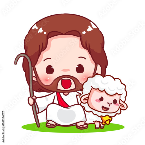 Cute Jesus and the little lamb Cartoon Character. Christianity Religion Concept Design. Adorable Kawaii Chibi Jesus Christ Character Illustration. Isolated White Background.