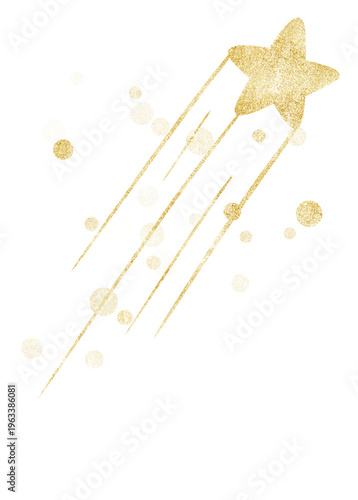 Golden glitter shooting star with long sparkle trail isolated on transparent background, luxury festive design element
