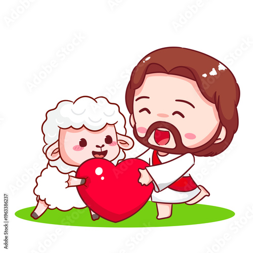Cute Jesus and Little Lamb Holding Love Cartoon Character. Christianity Religion Concept Design. Adorable Kawaii Chibi Jesus Christ Character Illustration. Isolated White Background.