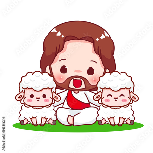 Cute Jesus and the little lamb Cartoon Character. Christianity Religion Concept Design. Adorable Kawaii Chibi Jesus Christ Character Illustration. Isolated White Background.