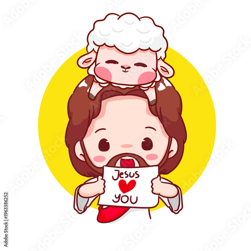 Cute Jesus and the little lamb Cartoon Character. Christianity Religion Concept Design. Adorable Kawaii Chibi Jesus Christ Character Illustration. Isolated White Background.