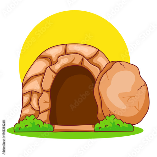 Empty Tomb He Is Risen Cartoon. Christianity Religion Concept Design. Adorable Kawaii Chibi Jesus Christ Character Illustration. Isolated White Background.
