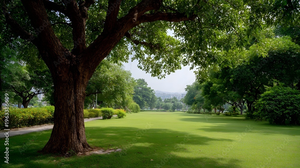 Obraz premium A large old tree stands beside a vast green lawn in a serene park bathed in d d sunlight