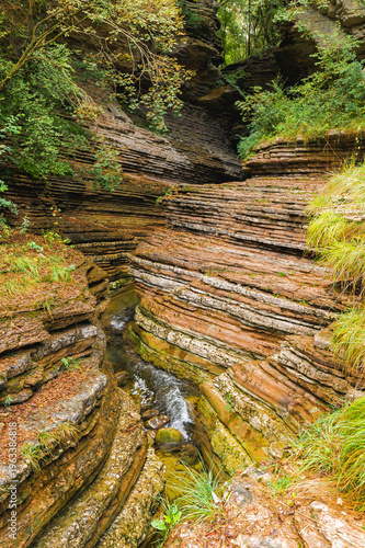 The Brent de l’Art, a natural rock formation resembling a canyon located in Sant’Antonio di Tortal in Borgo Valbelluna, Veneto, Italy