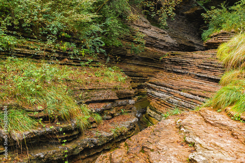 The Brent de l’Art, a natural rock formation resembling a canyon located in Sant’Antonio di Tortal in Borgo Valbelluna, Veneto, Italy