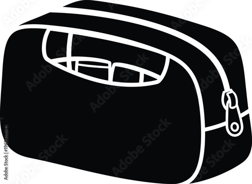 A simple black and white illustration of a closed cosmetic bag with a handle and zipper