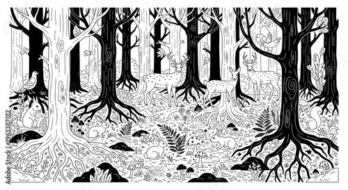 Black and white forest tree roots.