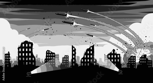 City skyline with missiles flying overhead.