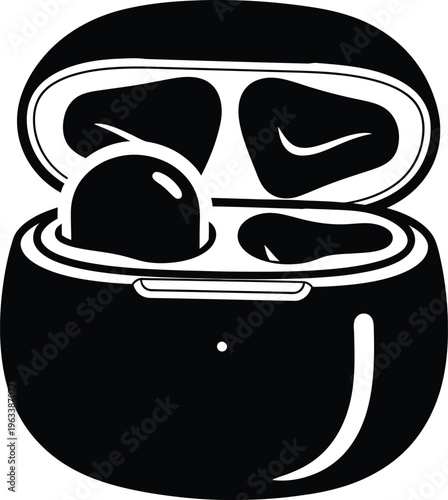 Black and white illustration of wireless earbuds inside an open charging case high quality professional detailed