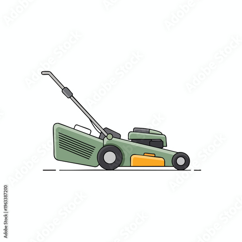 Green push lawn mower with yellow accents on a white background
