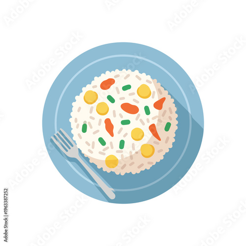 Blue plate with mound of rice, vegetables, and a fork