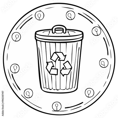 Recycling bin with recycle symbol and light bulbs in circular frame illustration